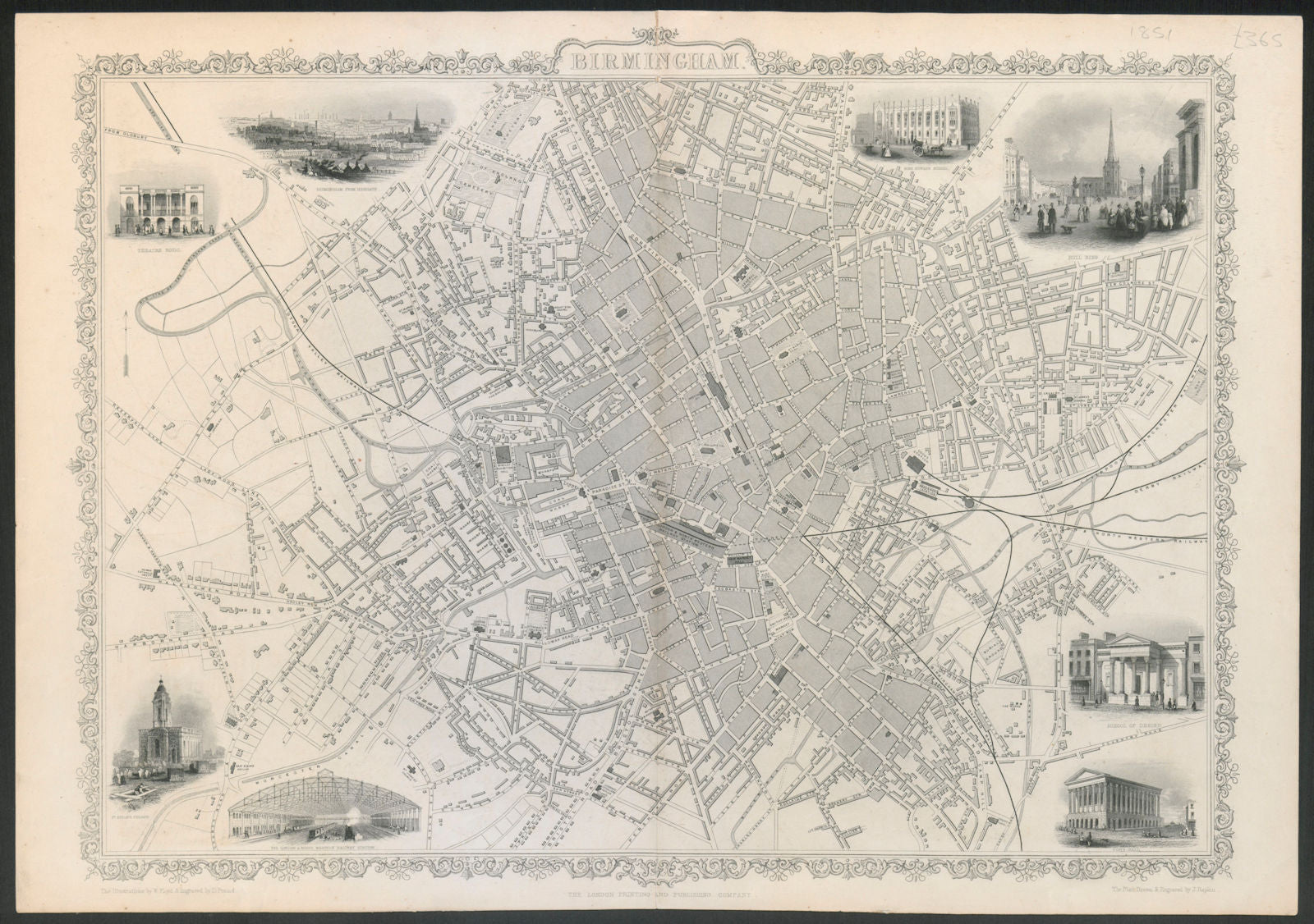 Decorative antique town plan of BIRMINGHAM by Tallis & Rapkin 1851 old map